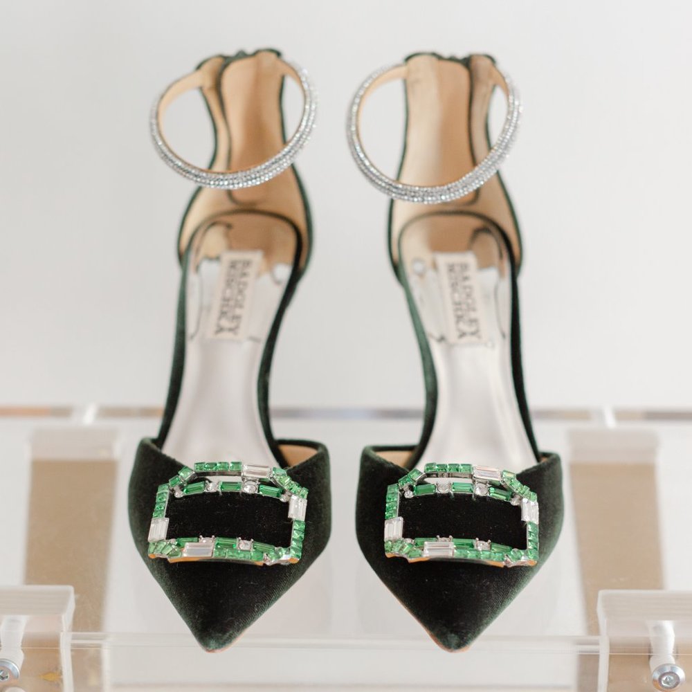 Badgley Mischka 5.5 Marlow Velvet Green Heels Emerald Ornament Stilettos - Picture 4 of 16